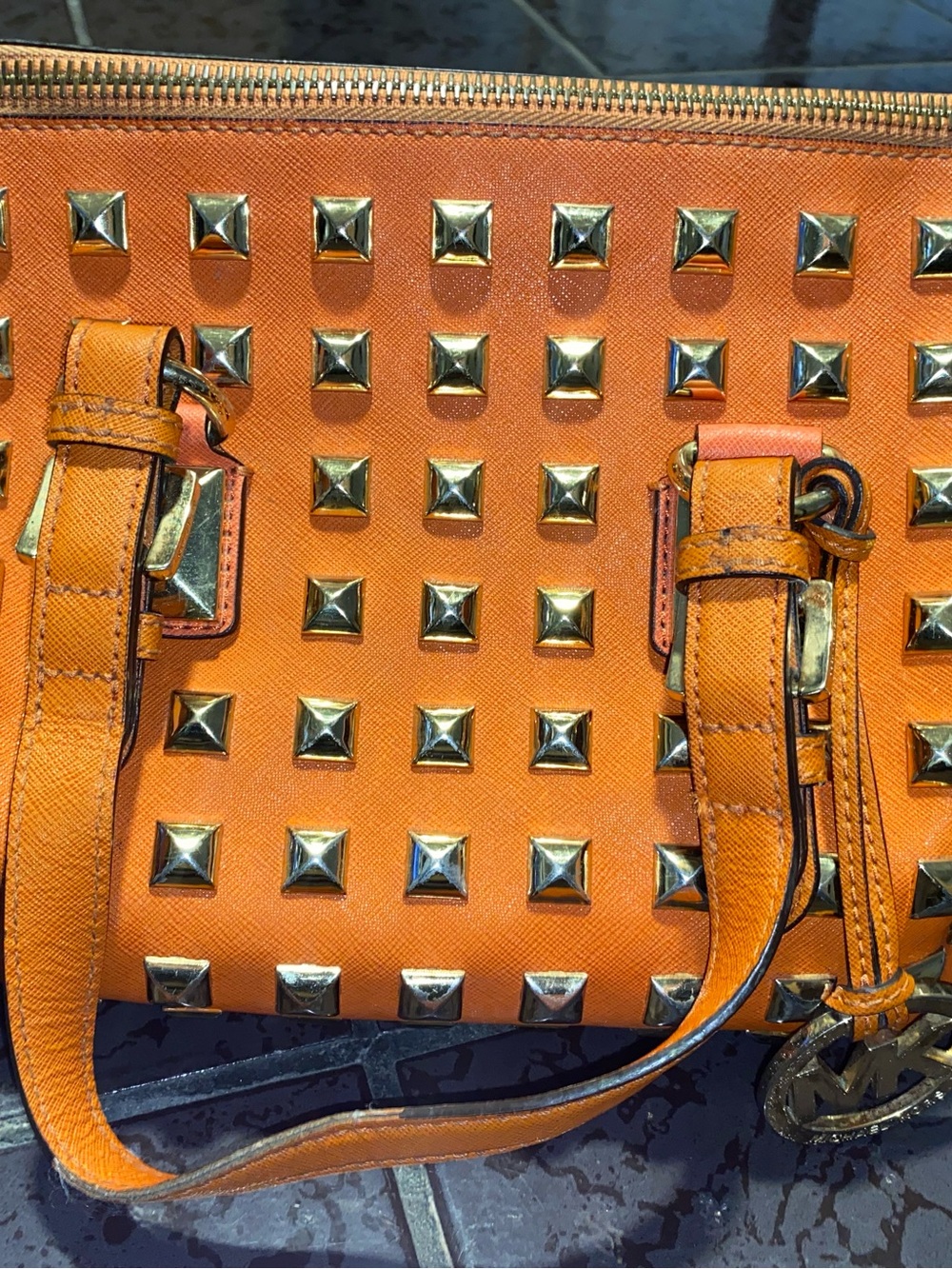 Michael Kors Orange Studded Satchel with Gold Hardware